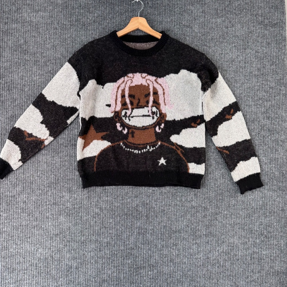 Lil Uzi Knit Sweater XS Graphic Cartoon Print Black White Y2K Streetwear